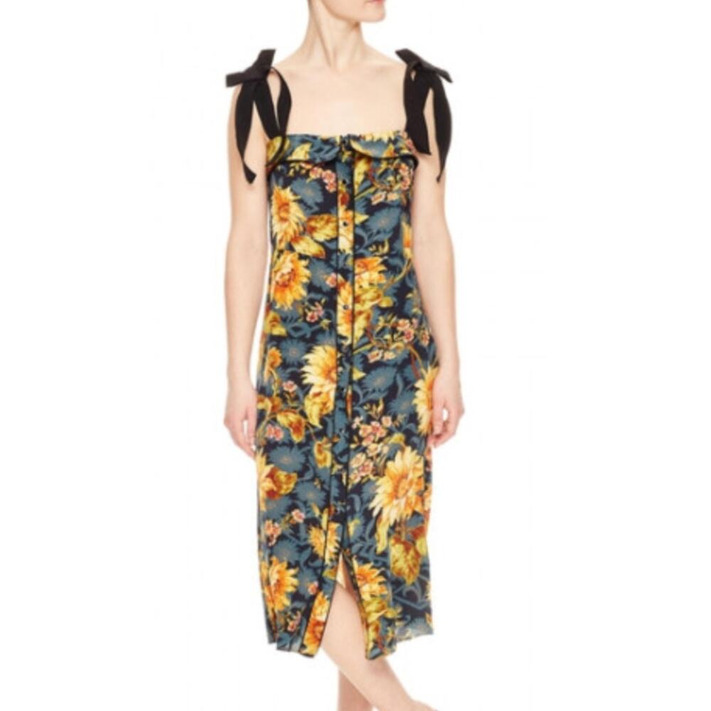 Sandro Paris Matti Floral-Print Silk Midi Dress Bow Shoulder Size EU 36, US 4